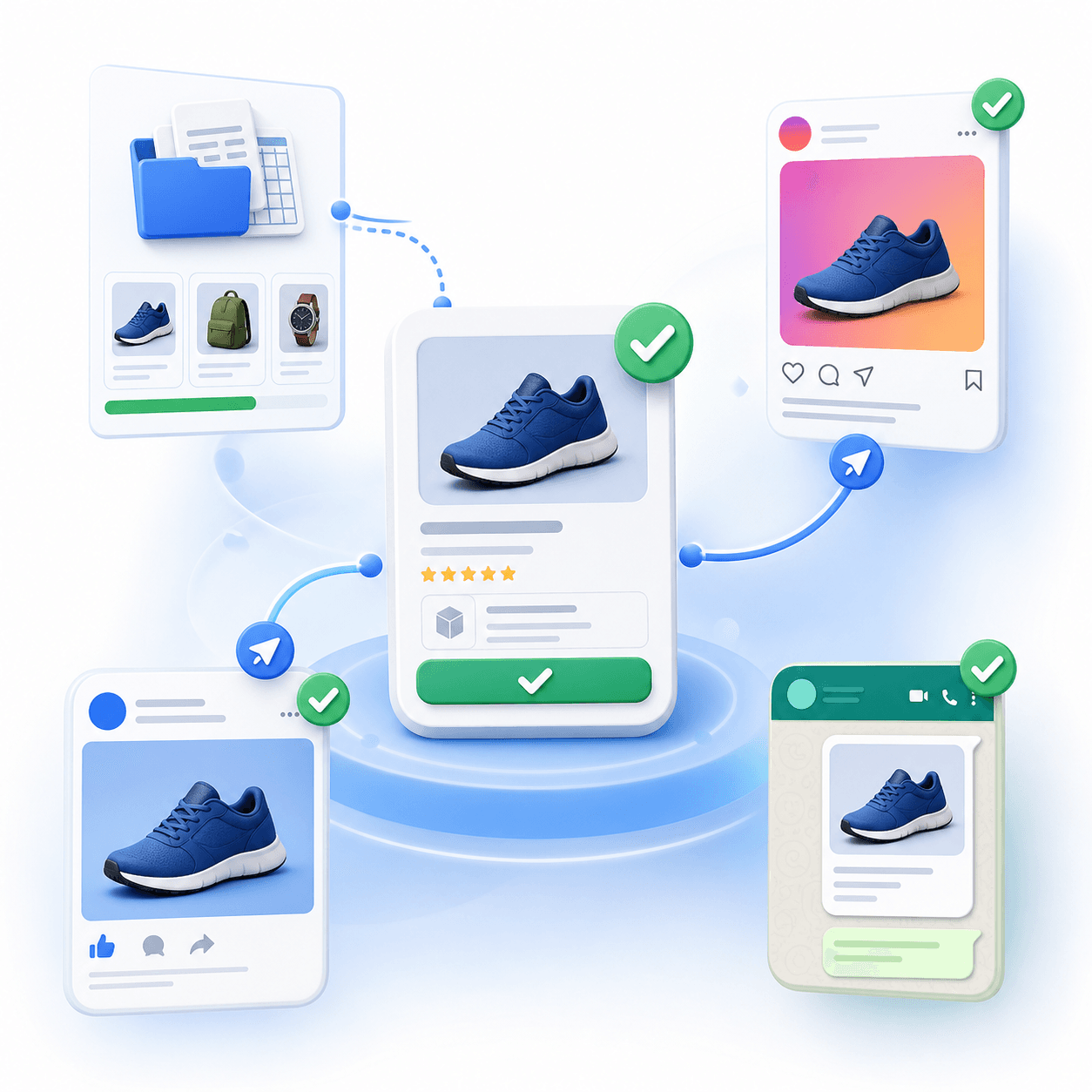 Reviewed product card being published to social and messaging channels